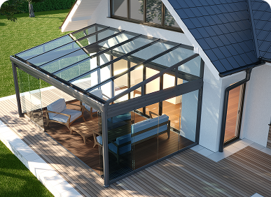 Modern glass conservatory attached to house.