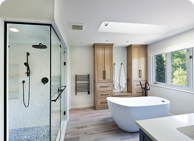 Modern bathroom with bathtub and shower.