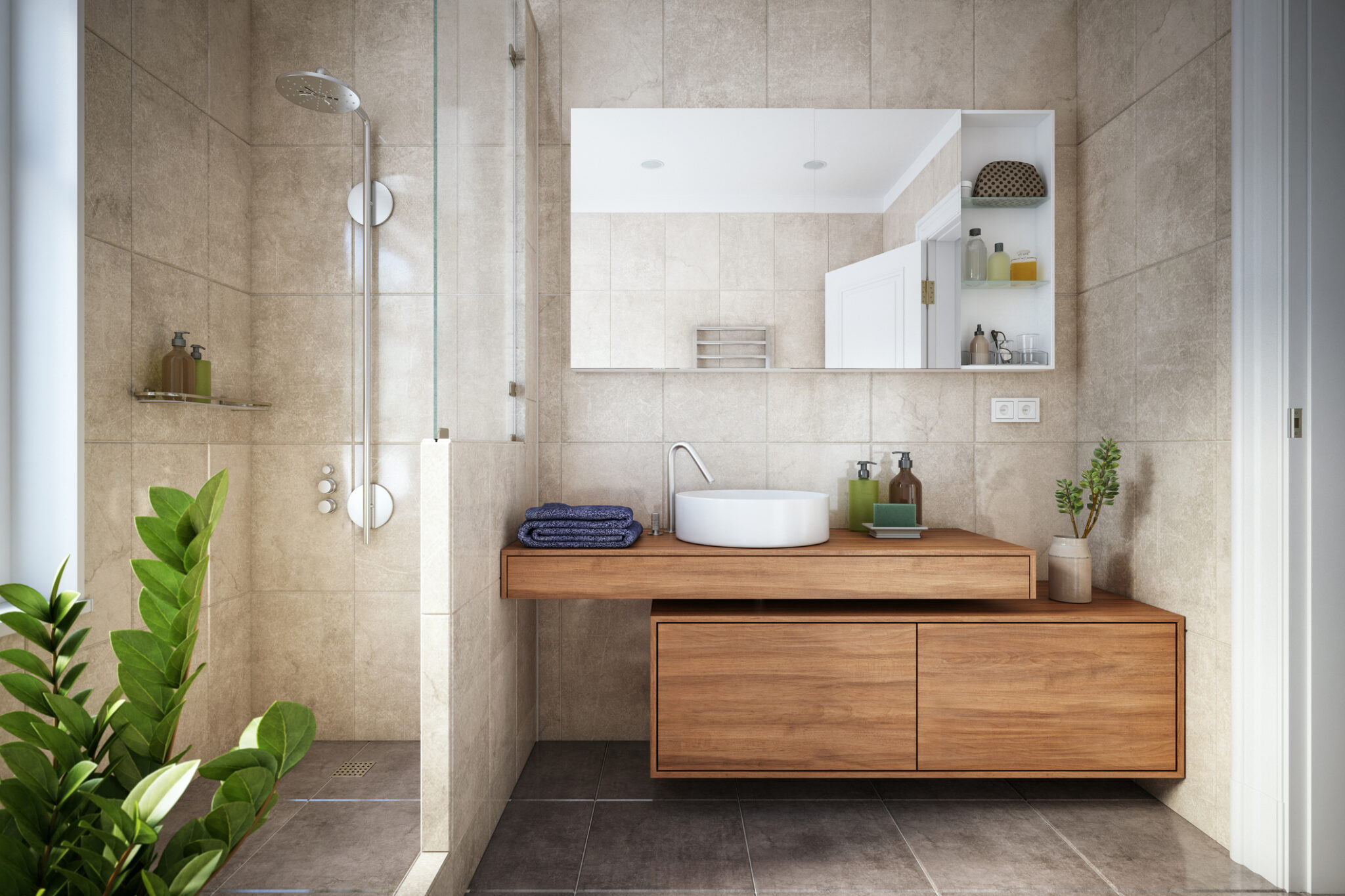 Modern bathroom with wooden vanity and plants.
