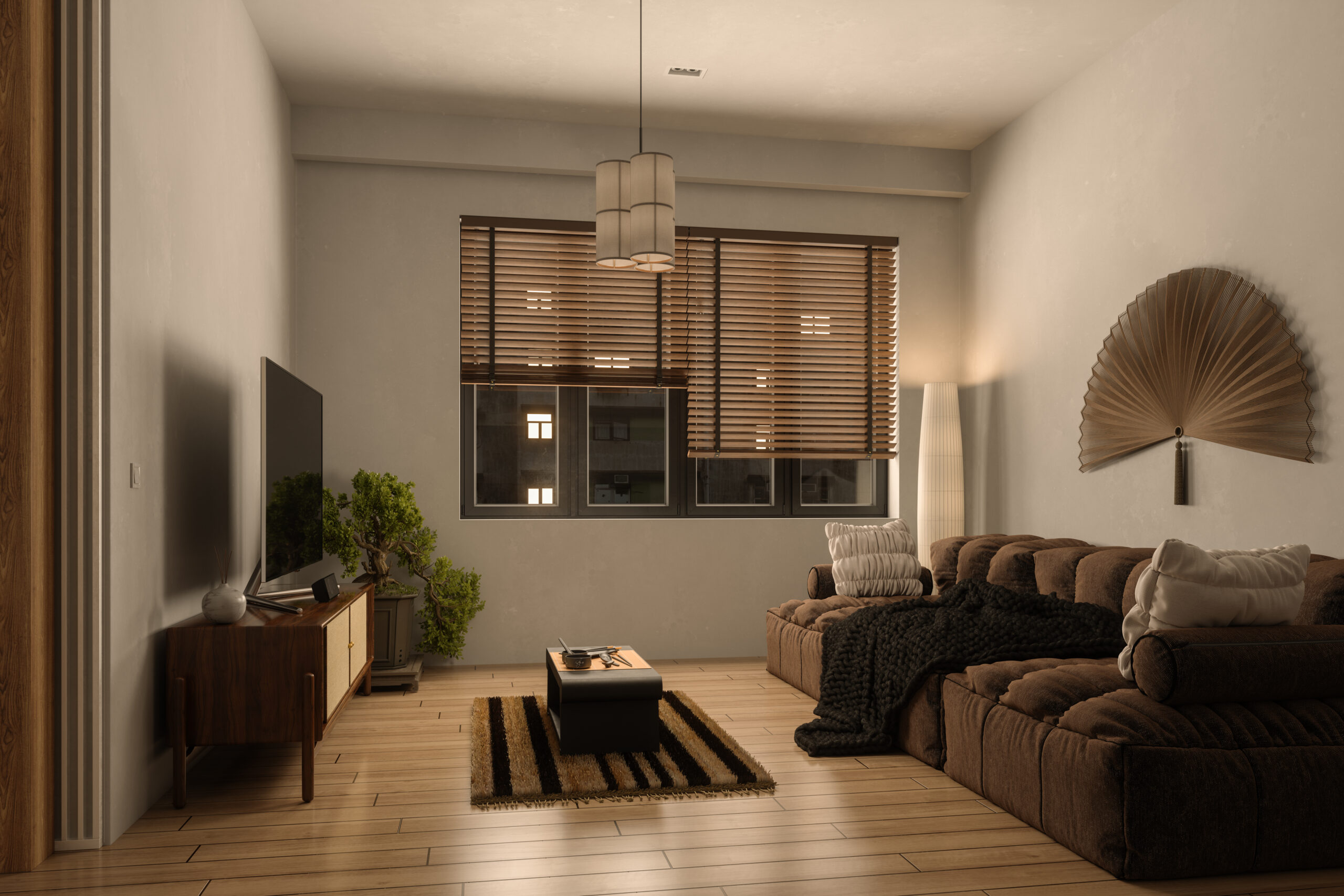 Modern Japanese Style Living Room Interior At Night With Sofa, Television Set And Potted Plant