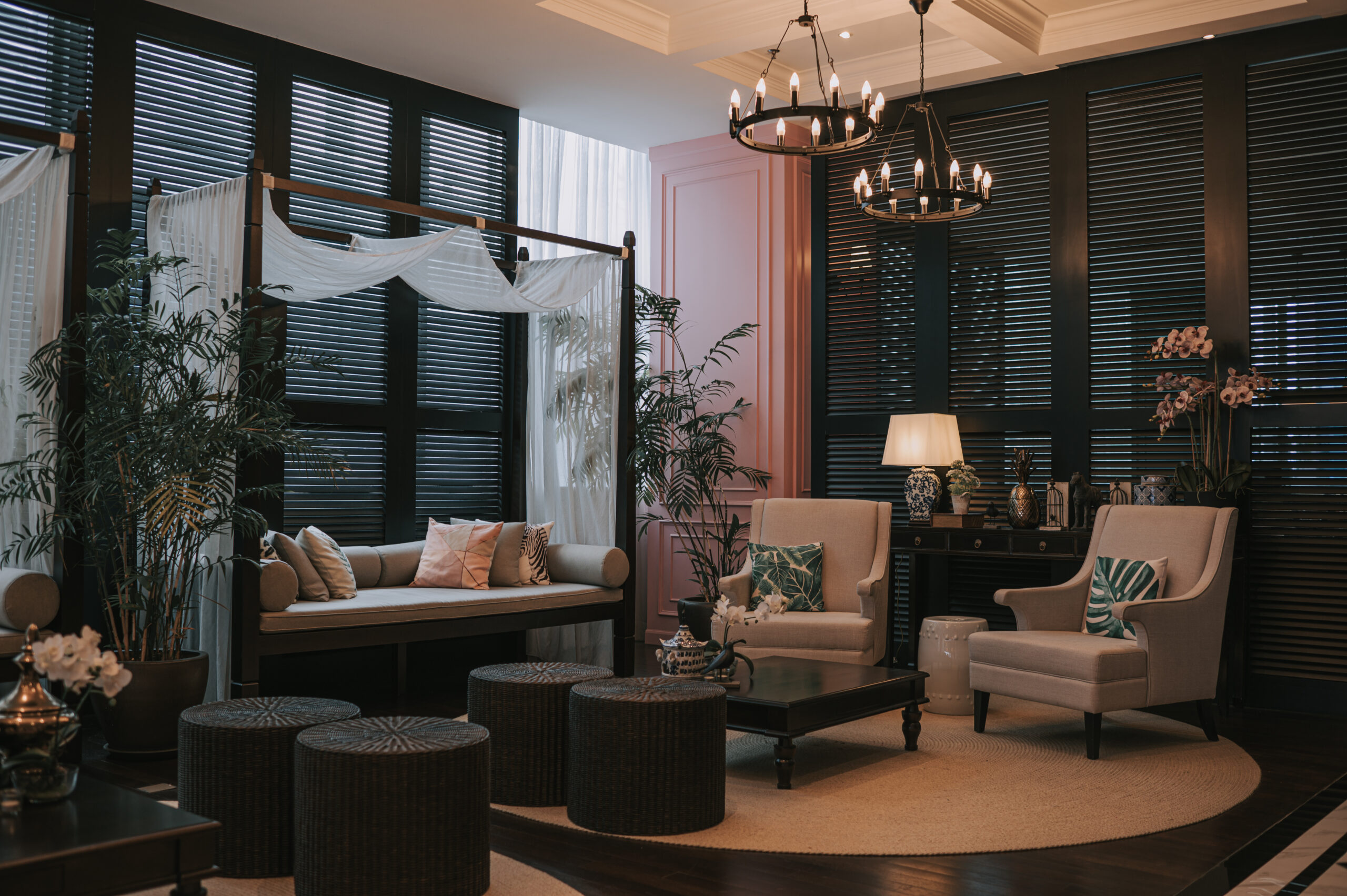 Luxury classic interior lounge lobby reception tourist resort in warm light